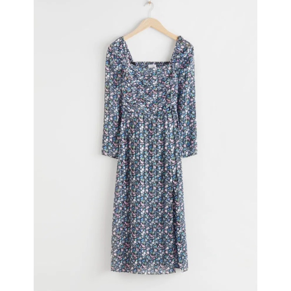 & Other Stories MIDI Dress Prairie Women 6 Floral Puff Sleeve‎ Blue Cottagecore